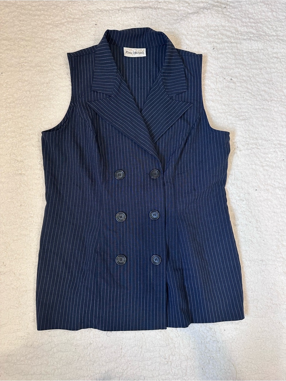 Vintage Renee Michaels Navy Blue Sleeveless Double-Breasted Pinstripe Vest #C004